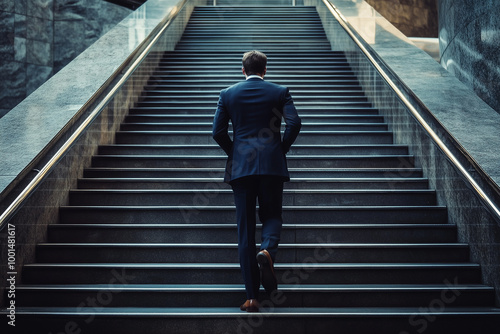 A man in a suit is running up a flight of stairs