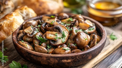 Rustic Mushroom Dish with Crusty Bread, food, meal, herbs, cooking