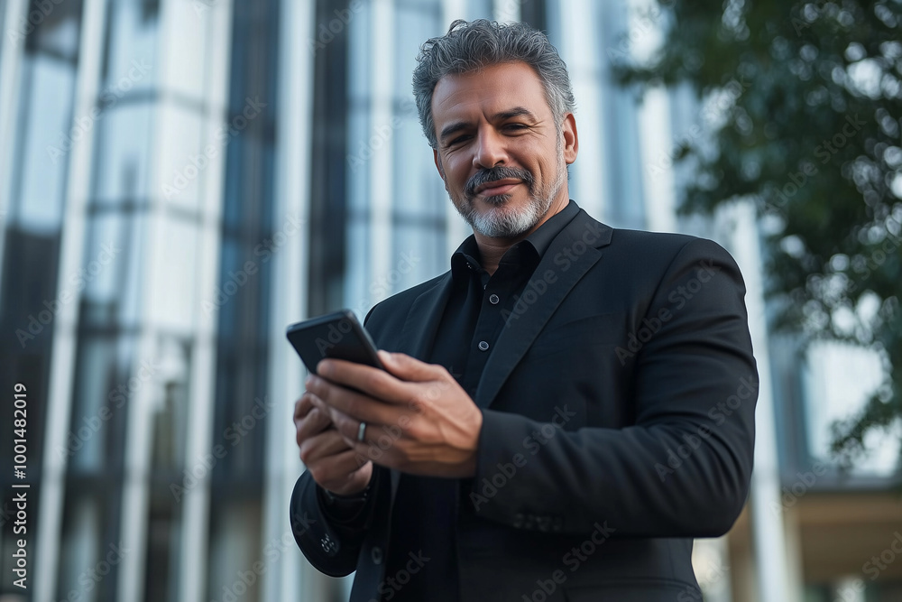 A man in a suit is holding a cell phone and smiling A man in a suit is holding a cell phone and smiling