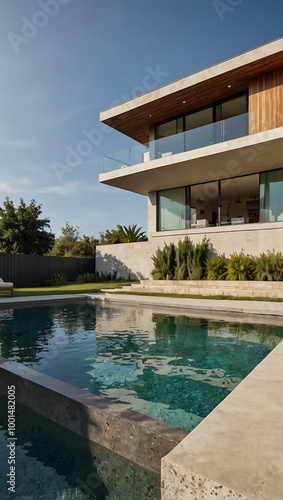 A modern house with a pool and garden, great for real estate projects.1