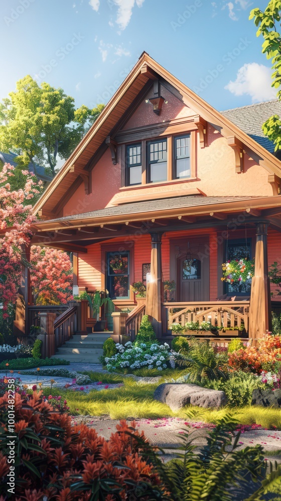 Bright salmon Craftsman house with a gabled roof, wooden railings, and a blooming garden. Bright salmon Craftsman house with a gabled roof, wooden railings, and a blooming garden.