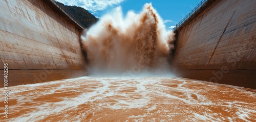 Flash floodwaters bursting through a dam during heavy rain, spilling uncontrollably into the valley below photo