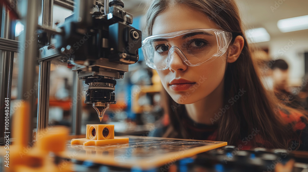 A student intently watches a 3D printer as it creates intricate designs in a technology workshop setting A student intently watches a 3D printer as it creates intricate designs in a technology workshop setting