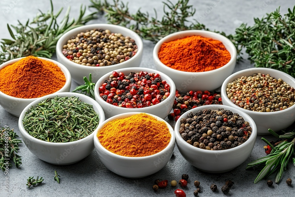 A variety of spices are displayed in white bowls on a counter A variety of spices are displayed in white bowls on a counter