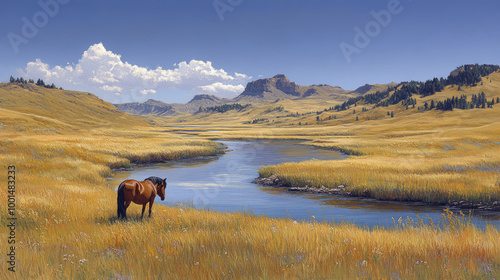 A horse peacefully grazes by a river, surrounded by expansive grasslands and distant hills under a bright blue sky filled with clouds