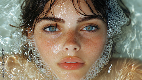 A close-up of a young woman with vibrant blue eyes and freckles, partially submerged in water, surrounded by frothy bubbles