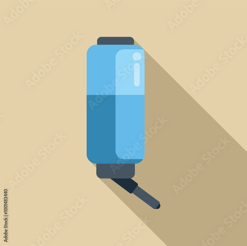 Blue rodent water bottle dispenser hanging with water for pet cage, flat vector illustration