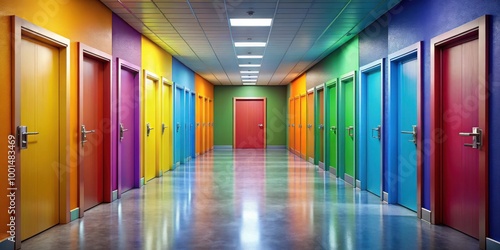 Vibrant corridor filled with colorful closed doors symbolizing diverse opportunities and choices