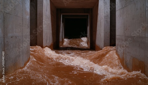 Flash floodwaters rushing through an abandoned mine, filling tunnels with muddy water