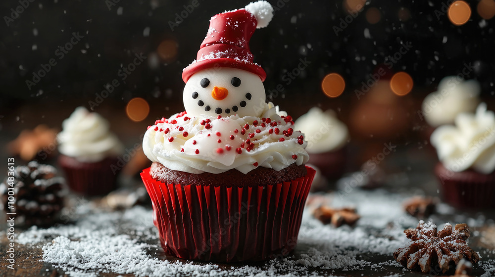 Delicious Christmas snowman cupcake on the festive background Delicious Christmas snowman cupcake on the festive background
