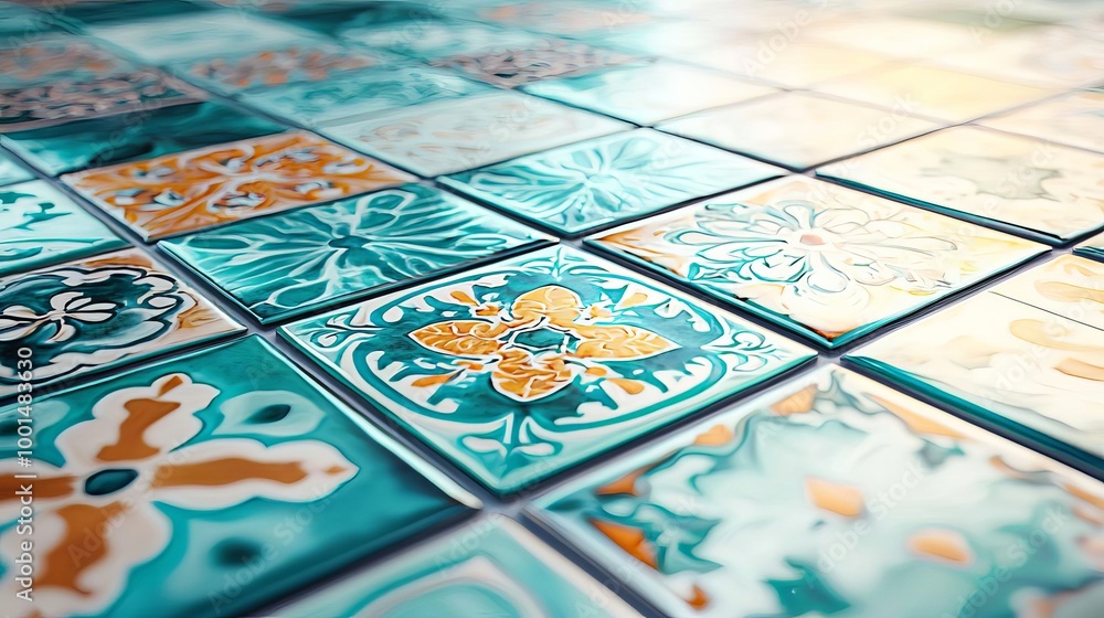 Decorative ceramic tiles with intricate patterns in vibrant colors. Decorative ceramic tiles with intricate patterns in vibrant colors.