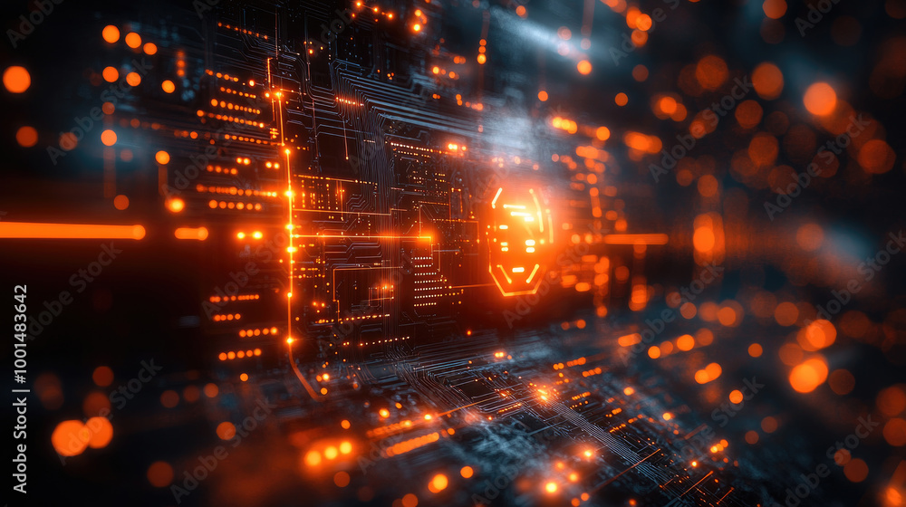 A vibrant display of glowing circuits and lines in orange and blue, depicting a futuristic digital landscape filled with energy and movement A vibrant display of glowing circuits and lines in orange and blue, depicting a futuristic digital landscape filled with energy and movement