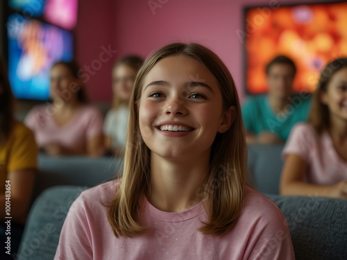 A smiling girl in a pink shirt enjoys watching a colorful screen.