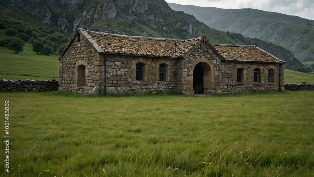 A stone building with a field of grass. A stone building with a field of grass.