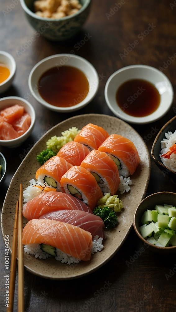 A sushi meal setup with sashimi, soy sauce bowls, and chopsticks, ready for sharing. A sushi meal setup with sashimi, soy sauce bowls, and chopsticks, ready for sharing.