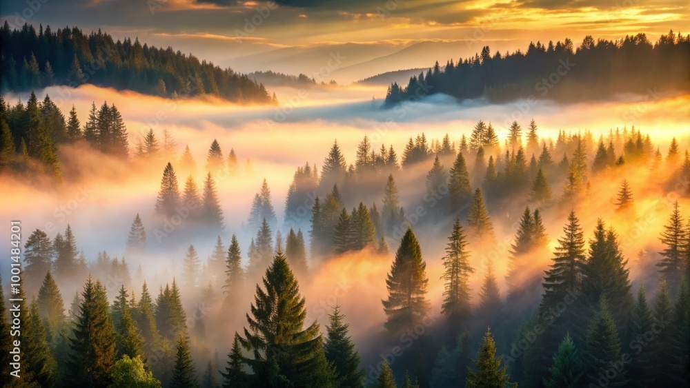Mystical Coniferous Forest in Romanian Mountains at Sunrise with Fog and Trees Mystical Coniferous Forest in Romanian Mountains at Sunrise with Fog and Trees