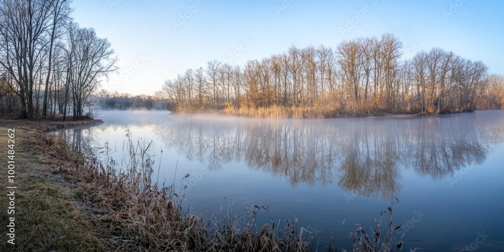 A wide-angle landscape of a serene lake at dawn, with mist hovering over the water and trees reflected in it. A wide-angle landscape of a serene lake at dawn, with mist hovering over the water and trees reflected in it.