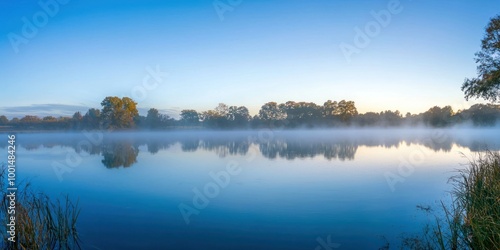 A wide-angle landscape of a serene lake at dawn, with mist hovering over the water and trees reflected in it.