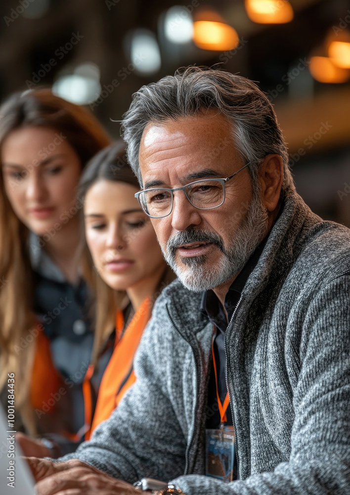 A middle-aged man engages in deep discussion with two women in an office setting, showcasing teamwork and collaborative efforts A middle-aged man engages in deep discussion with two women in an office setting, showcasing teamwork and collaborative efforts