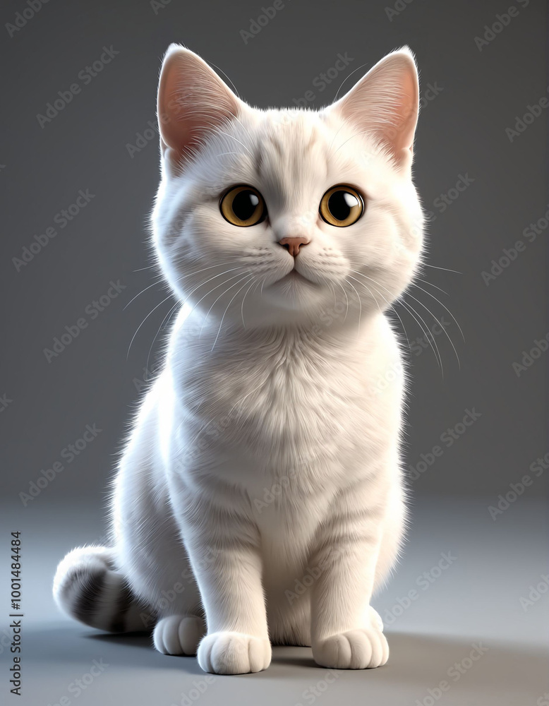 3D Illustration Art of A Cute White Cat with Big Eyes Sitting on The Floor. 3D Illustration Art of A Cute White Cat with Big Eyes Sitting on The Floor.