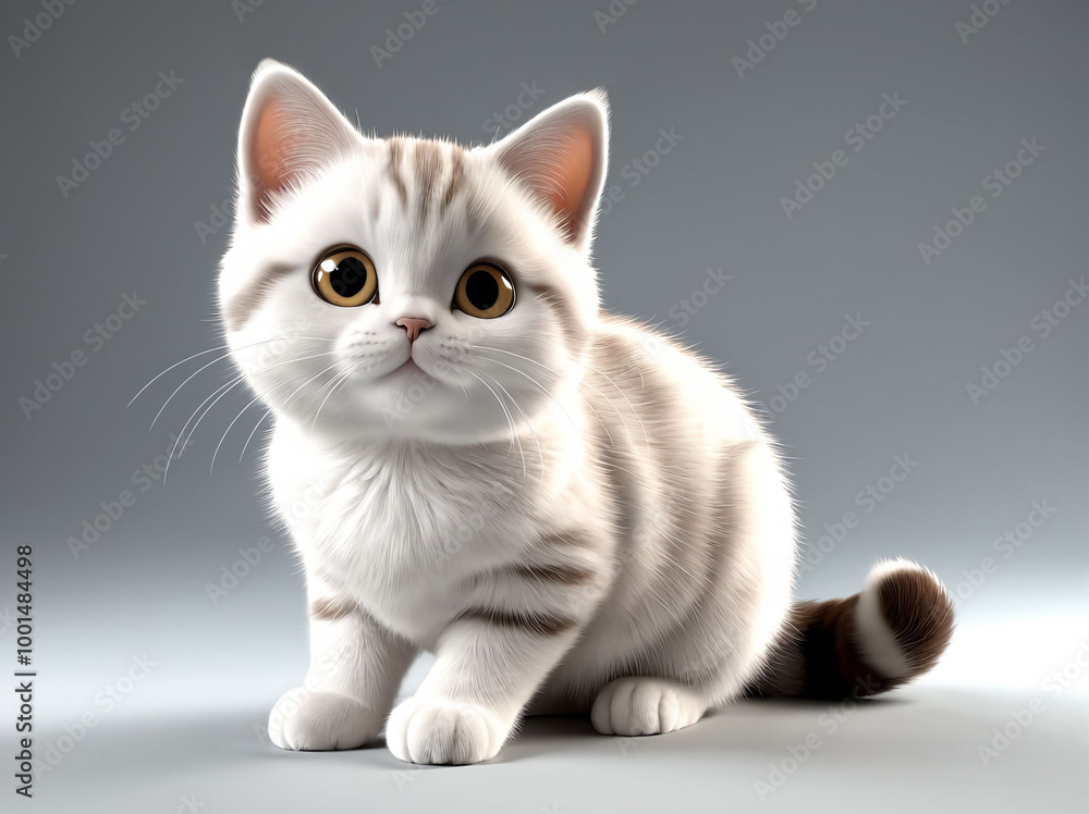 3D Illustration Art of A Cute White Cat with Big Eyes Sitting on The Floor. 3D Illustration Art of A Cute White Cat with Big Eyes Sitting on The Floor.