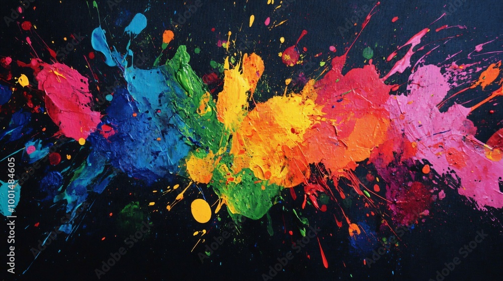 Vibrant abstract art with colorful paint splatters on black canvas. Vibrant abstract art with colorful paint splatters on black canvas.