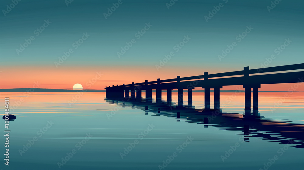 Obraz premium A tranquil sunset over a calm lake with a wooden pier extending into the water