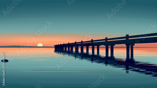 A tranquil sunset over a calm lake with a wooden pier extending into the water