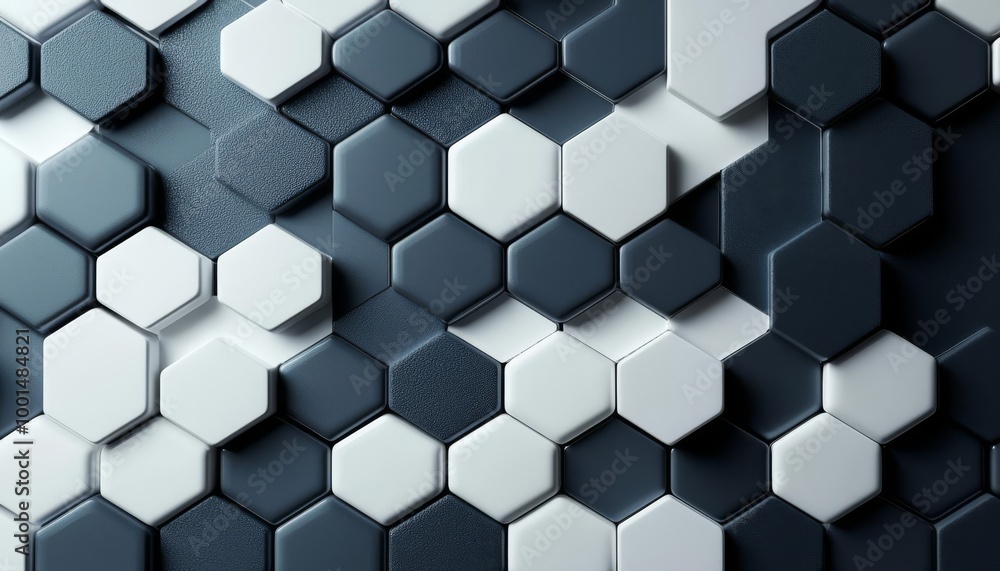 Hexagonal patterns in black, gray, and white arrangement on a textured surface. Hexagonal patterns in black, gray, and white arrangement on a textured surface.