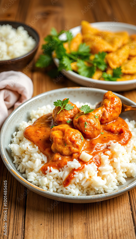 spicy butter chicken with rice garnished with herbs indian cuisine food photography vertical format spicy butter chicken with rice garnished with herbs indian cuisine food photography vertical format