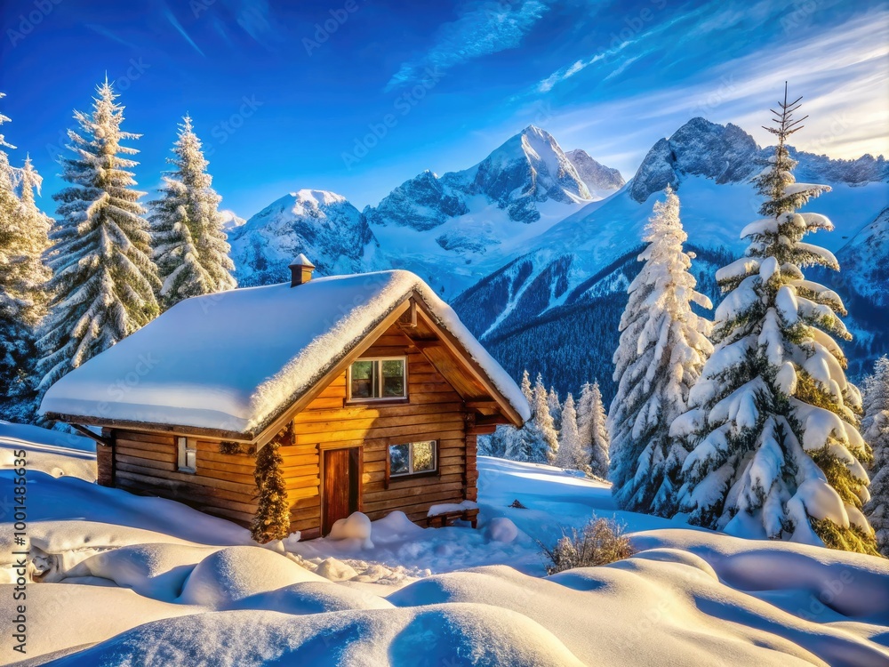 Naklejka premium Cozy Snowy Cabin Nestled in Majestic Mountains Under a Clear Blue Sky During Winter Season