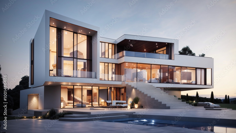 A modern, light-colored house with large windows, a patio, and a pool. Stylish architecture. A modern, light-colored house with large windows, a patio, and a pool. Stylish architecture.