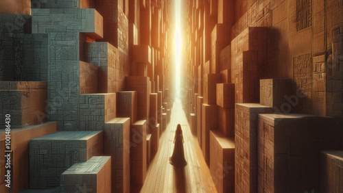 A human figure surrounded by towering walls, trapped in a shrinking space