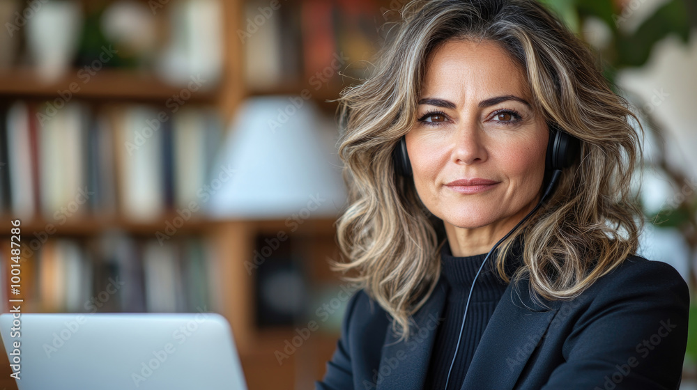 A woman with wavy hair and headphones sits at a desk, concentrating on her laptop in a stylish, bright office filled with books A woman with wavy hair and headphones sits at a desk, concentrating on her laptop in a stylish, bright office filled with books