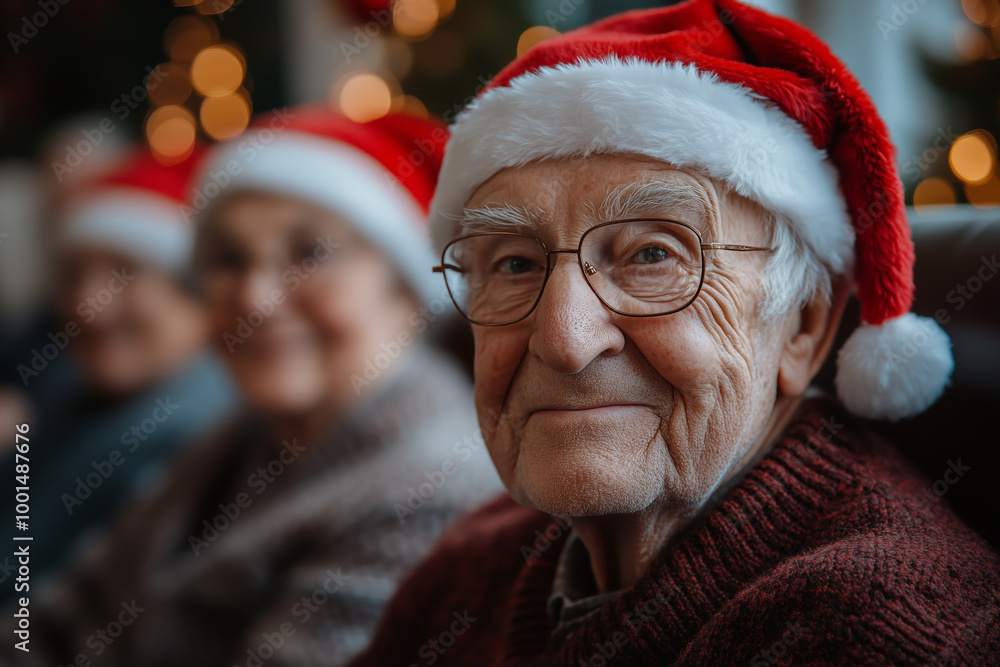 Closeup portrait of a white Senior man, wearing a Santa hat and looking at camera. Elderly people enjoy a joyful Christmas gathering, wearing festive Santa hats. Closeup portrait of a white Senior man, wearing a Santa hat and looking at camera. Elderly people enjoy a joyful Christmas gathering, wearing festive Santa hats.