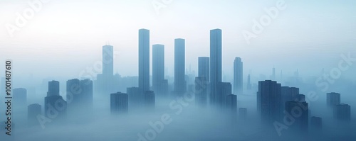 Ambient fog, towering skyscrapers, cyberpunk city, 3D illustration