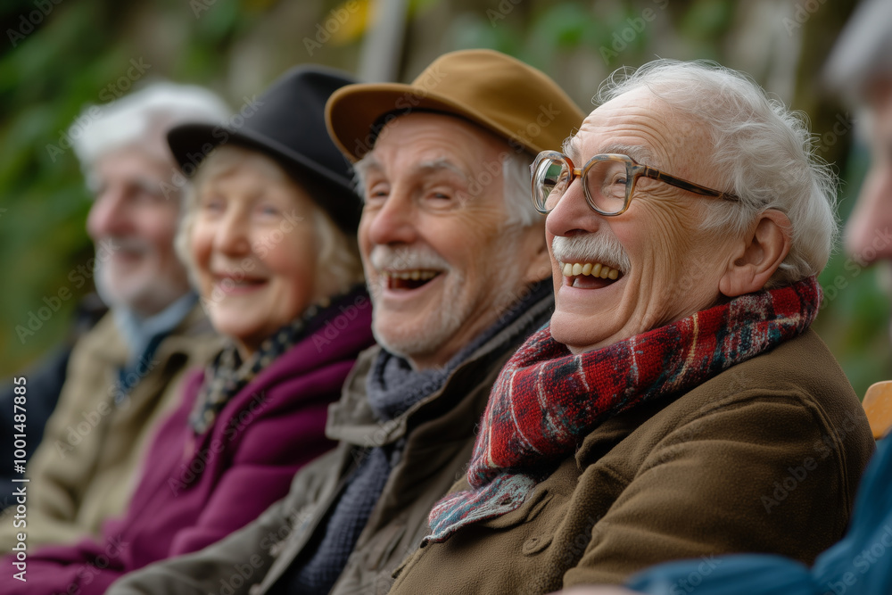A group of seniors enjoying a light-hearted conversation, laughing and smiling in a vibrant garden during autumn. Elderly friends enjoying joyful moments together in an autumn garden. A group of seniors enjoying a light-hearted conversation, laughing and smiling in a vibrant garden during autumn. Elderly friends enjoying joyful moments together in an autumn garden.