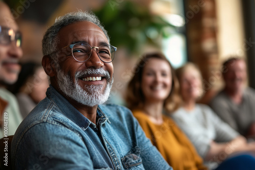 Middle-aged man, wearing glasses, smiling, and having fun with community friends. A diverse group of people smiles and laughs together during a lively discussion.