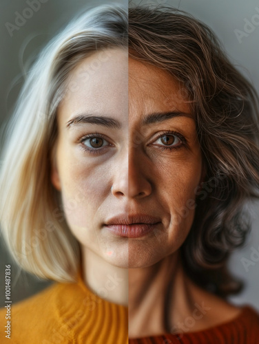 Split face. the contrast between youth and age, featuring a young woman and an old woman with similar facial features. They are depicted side by side with their faces merged into one.