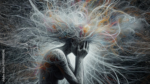 A figure overwhelmed by a chaotic swirl of thoughts represented as tangled lines