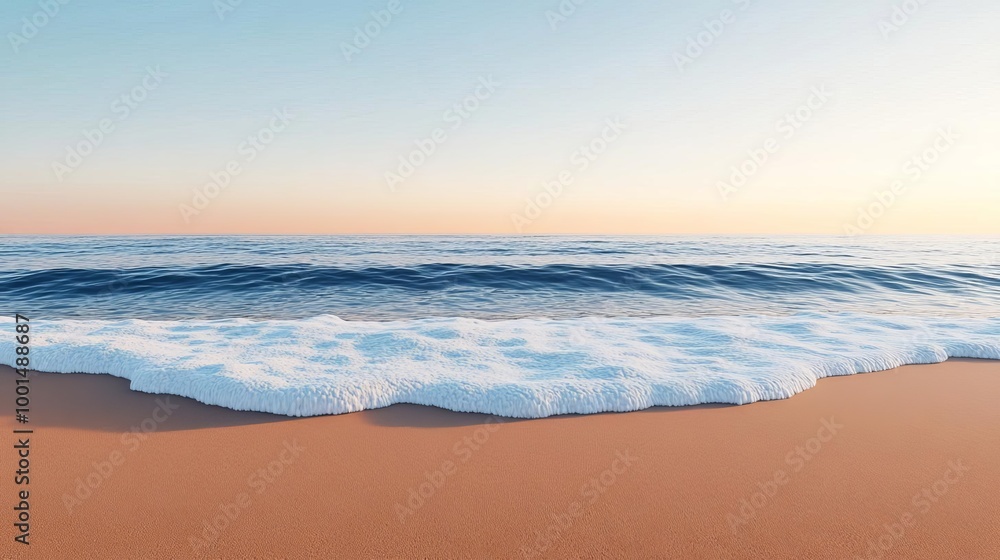 Obraz premium Beach at dawn, fog rolling in, soft waves, 3D illustration