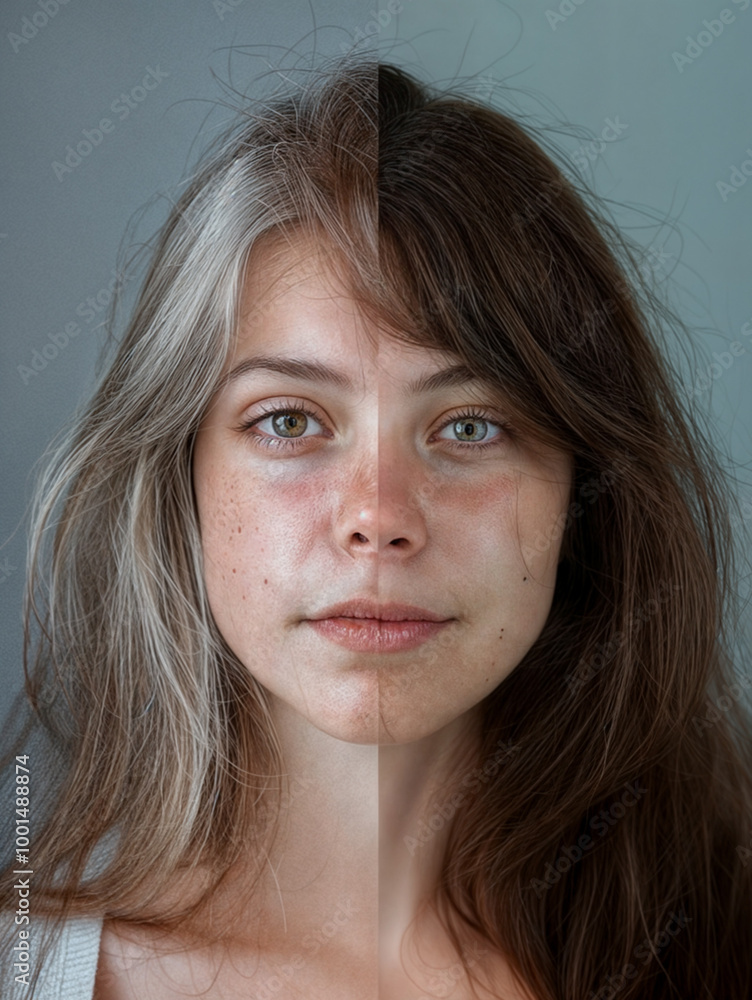 Split face. A split portrait of a woman, with one side featuring her with blonde hair and the other as with gray hair. Comparison between different skin types and hair colors. Split face. A split portrait of a woman, with one side featuring her with blonde hair and the other as with gray hair. Comparison between different skin types and hair colors.