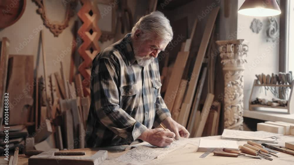 Older Caucasian man working with wood. Observing creation. Looking at ornaments. Creating new furniture in large room full of instruments and uncompleted projects. Focused woodworker. Older Caucasian man working with wood. Observing creation. Looking at ornaments. Creating new furniture in large room full of instruments and uncompleted projects. Focused woodworker.