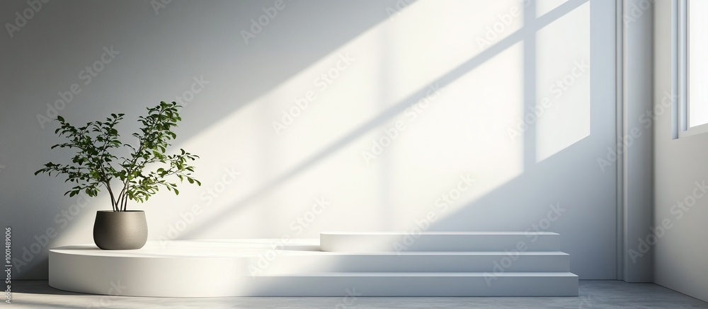 Obraz premium Minimalist Interior Design with Green Plant and White Platform. Minimalist White Podium With Sunlight