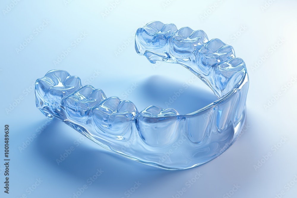A clear plastic dental appliance with a blue tint A clear plastic dental appliance with a blue tint