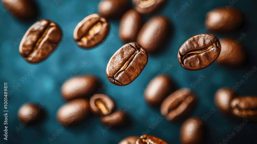 Fototapeta premium Roasted coffee beans floating on blue background