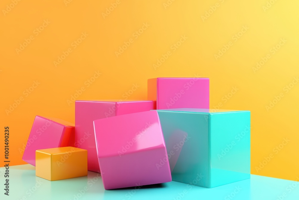 A colorful stack of pink and green cubes on a yellow background A colorful stack of pink and green cubes on a yellow background