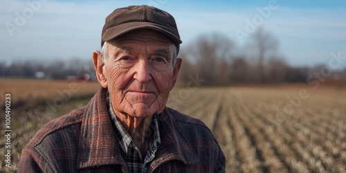 A wide-angle lens portrait of an elderly man in a rural setting, with farmland behind him.