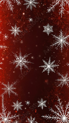 Abstract Christmas scene with snowflakes on red.