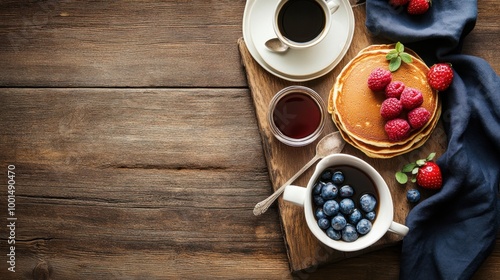 A traditional breakfast scene with pancakes, coffee, and fresh fruit on a rustic wooden surface, creating a cozy backdrop.